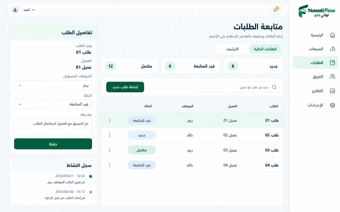 تصور توضيحي لطلبات نواتي فلو وتفاصيل الطلب والموظف المسؤول وسجل التغييرات